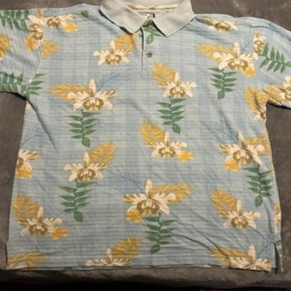 Carribean Joe Men's Hawaiian Polo Shirt Blue, Short Sleeve, Stretch Size Medium